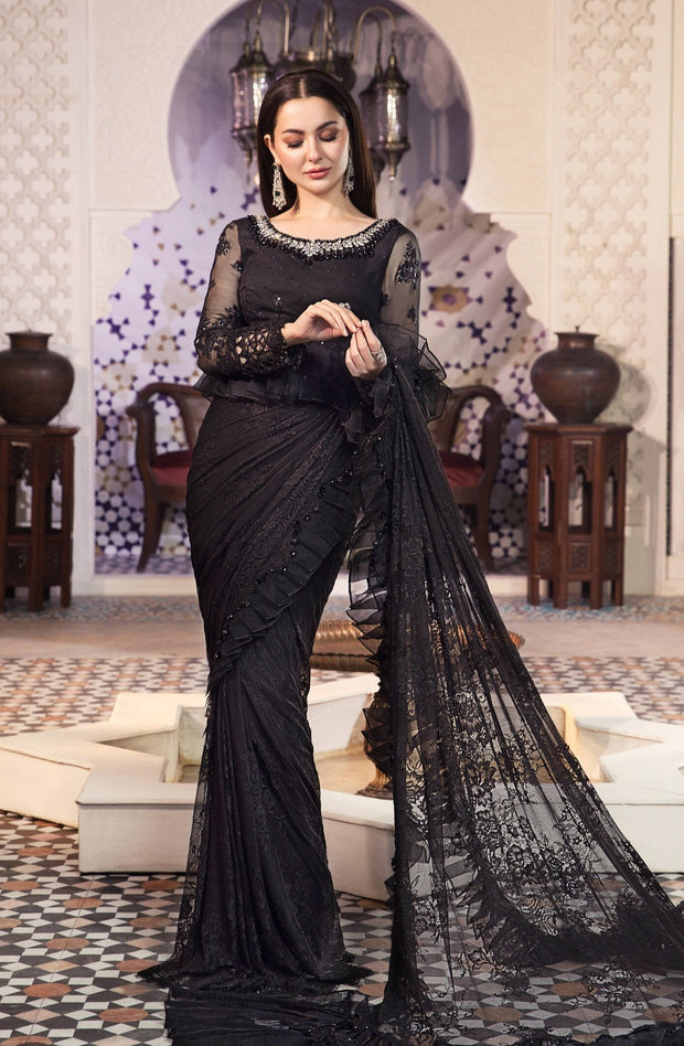 Embroidered Chiffon Black Saree ...